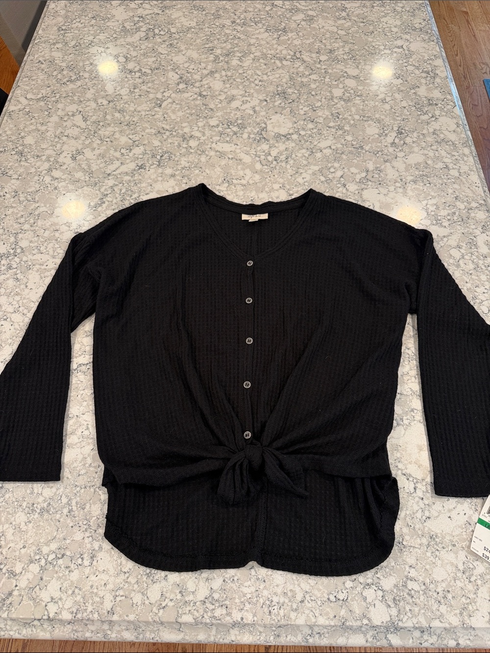 Style & Co. Black Long-Sleeve Button Front Tie top size L